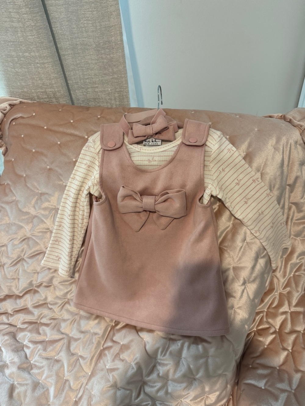 Nicole Miller Pink Bow Pinafore Dress with Cream Striped Top